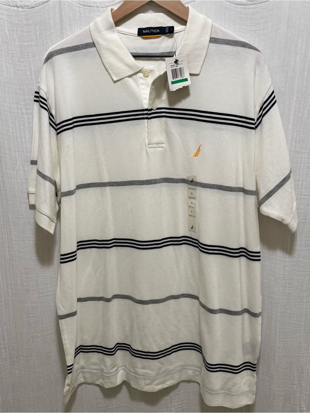 NWT Timeless Nautica Striped Polo Navy Stripes and Yellow icon On Chest Size L